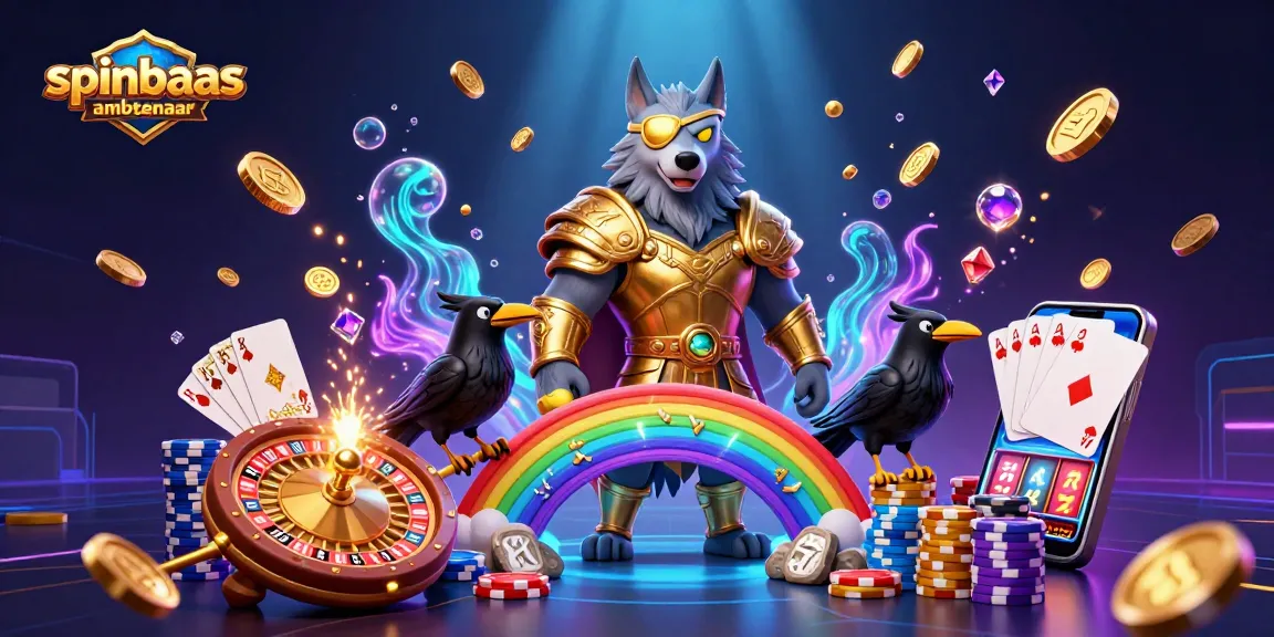 Spinbaas ambtenaar scene showcasing Odin wolf and ravens among casino elements and gold coins.