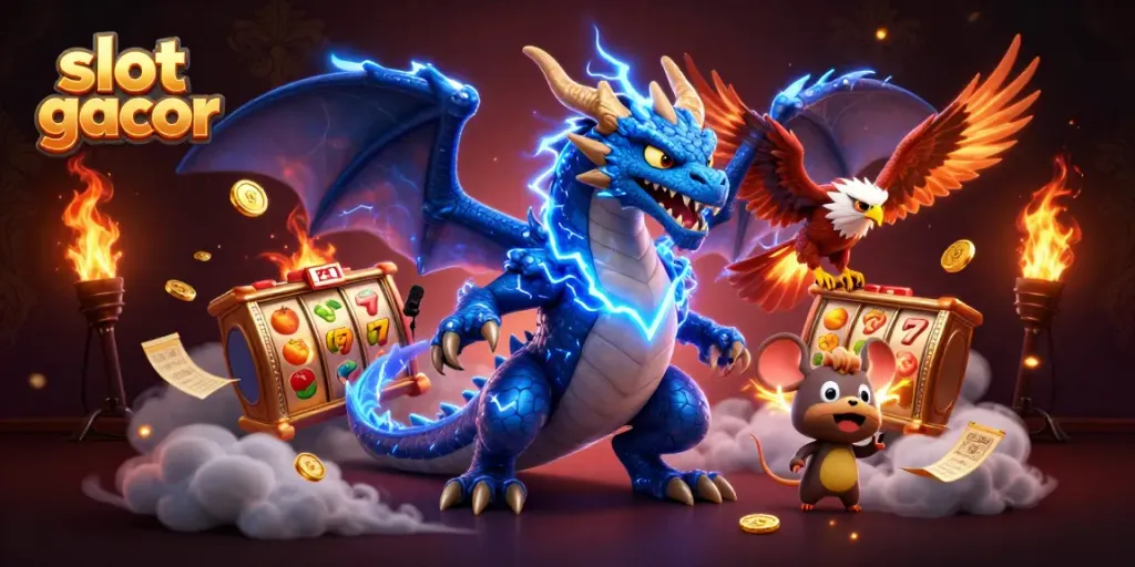 Engage with slot gacor's thrilling jackpot experience featuring an electrifying dragon and glowing elements.