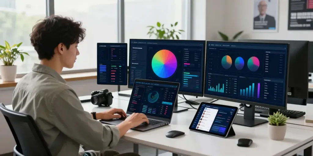 AI brand monitoring metrics tracked by a data analyst in a modern tech workspace environment.