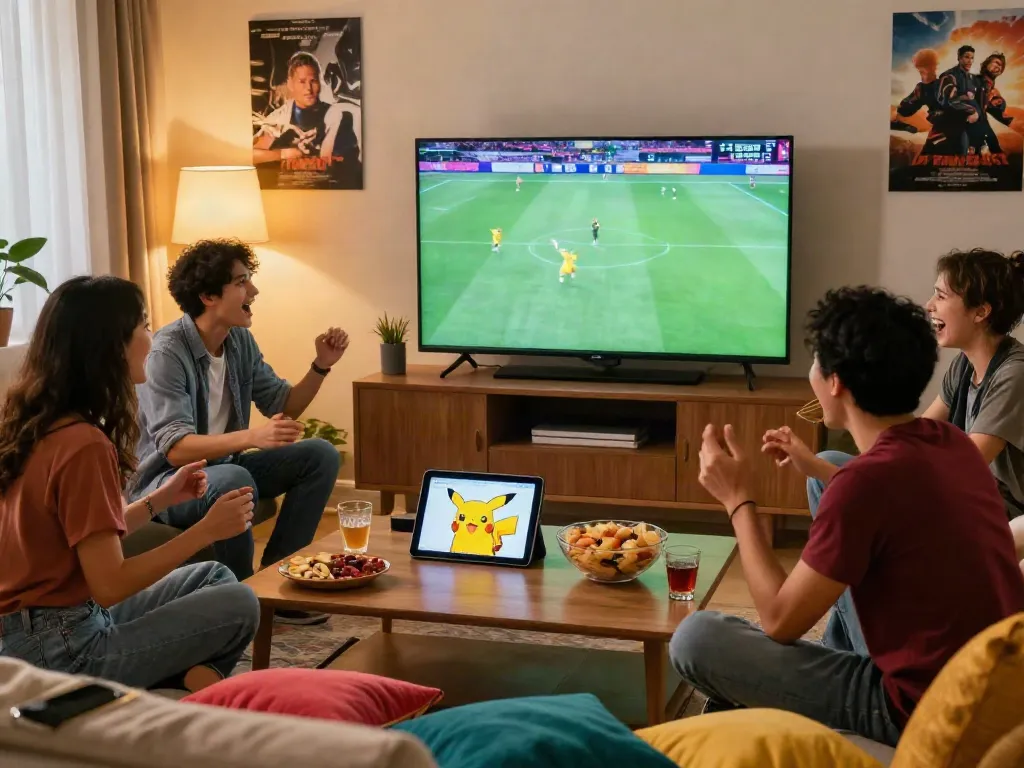 Friends enjoying free streaming from the Pikachu app at home while watching live sports and movies.