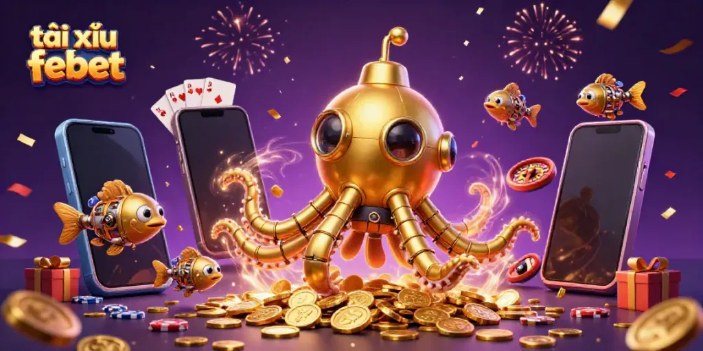 Engaging scene depicting tài xỉu febet with a kraken submarine, vibrant golden coins, and casino elements.