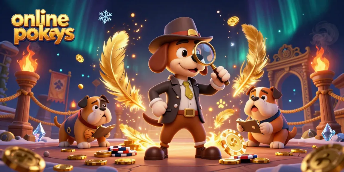 Play online pokies while a detective hunts for poker chip clues in a vibrant casino scene.