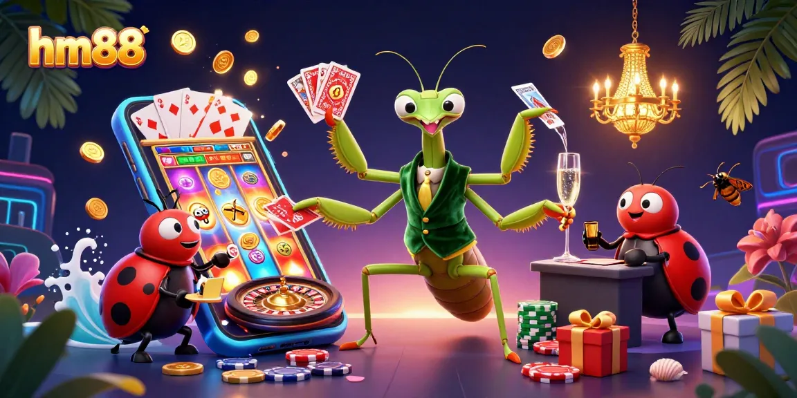 Experience thrilling gameplay at hm88 with a vibrant illustration showcasing a giant card sharp amidst casino action.