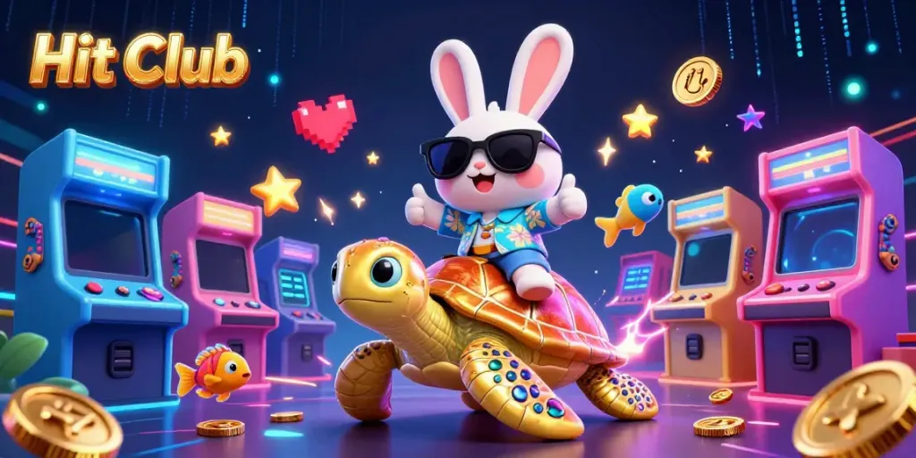 Experience winning vibes at Hit Club with lively characters and gaming elements in a colorful casino scene.