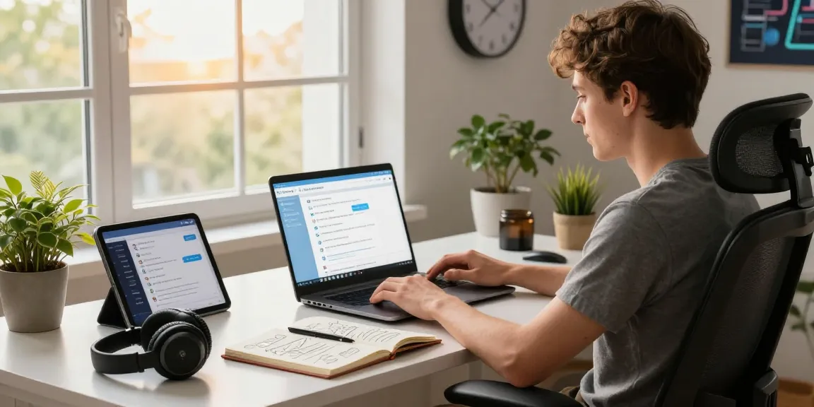 User engaging with Telegram Web Version in a modern workspace, showcasing tech gadgets and a vibrant atmosphere.