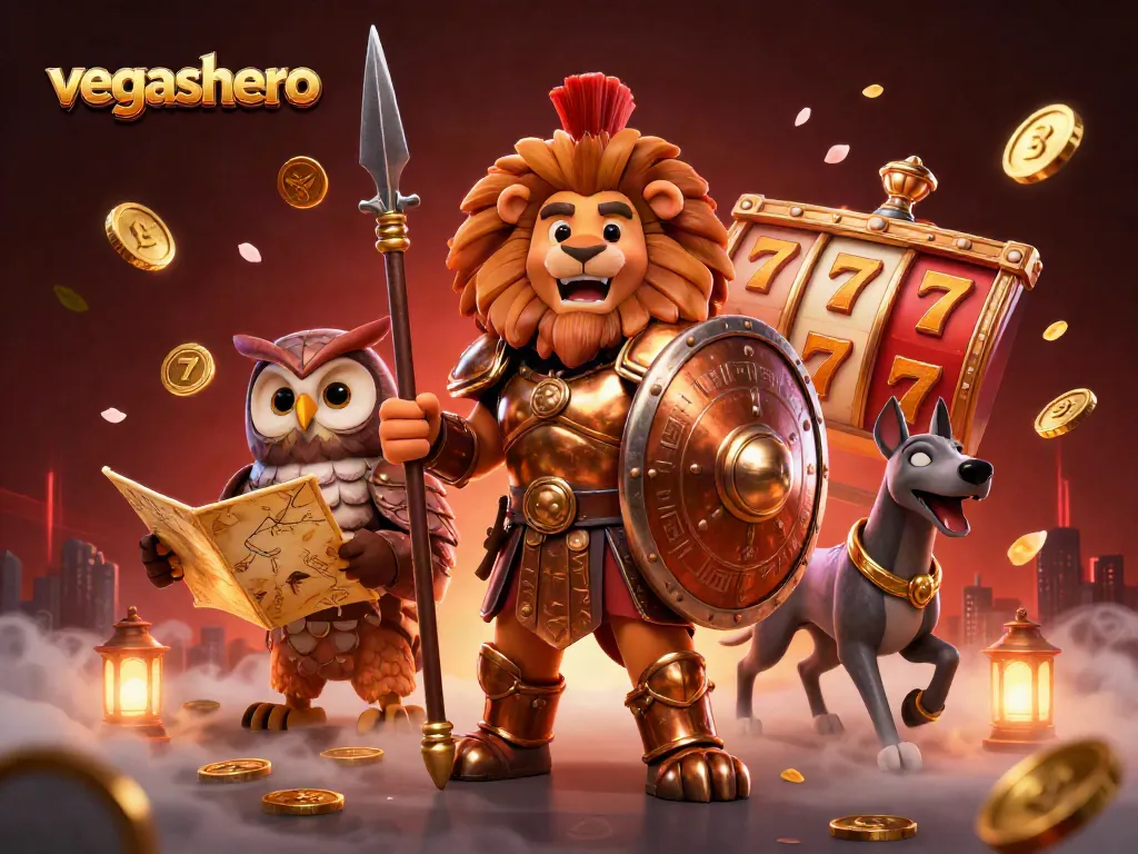 Engage with the dynamic vegashero casino scene filled with golden slot reels and vibrant characters.