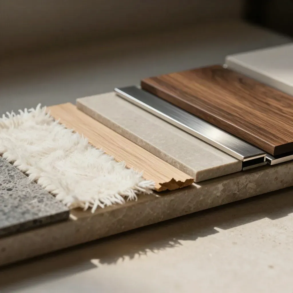 Materialenstalen van stof, hout, steen en metaal op travertin, warm en gelaagd.