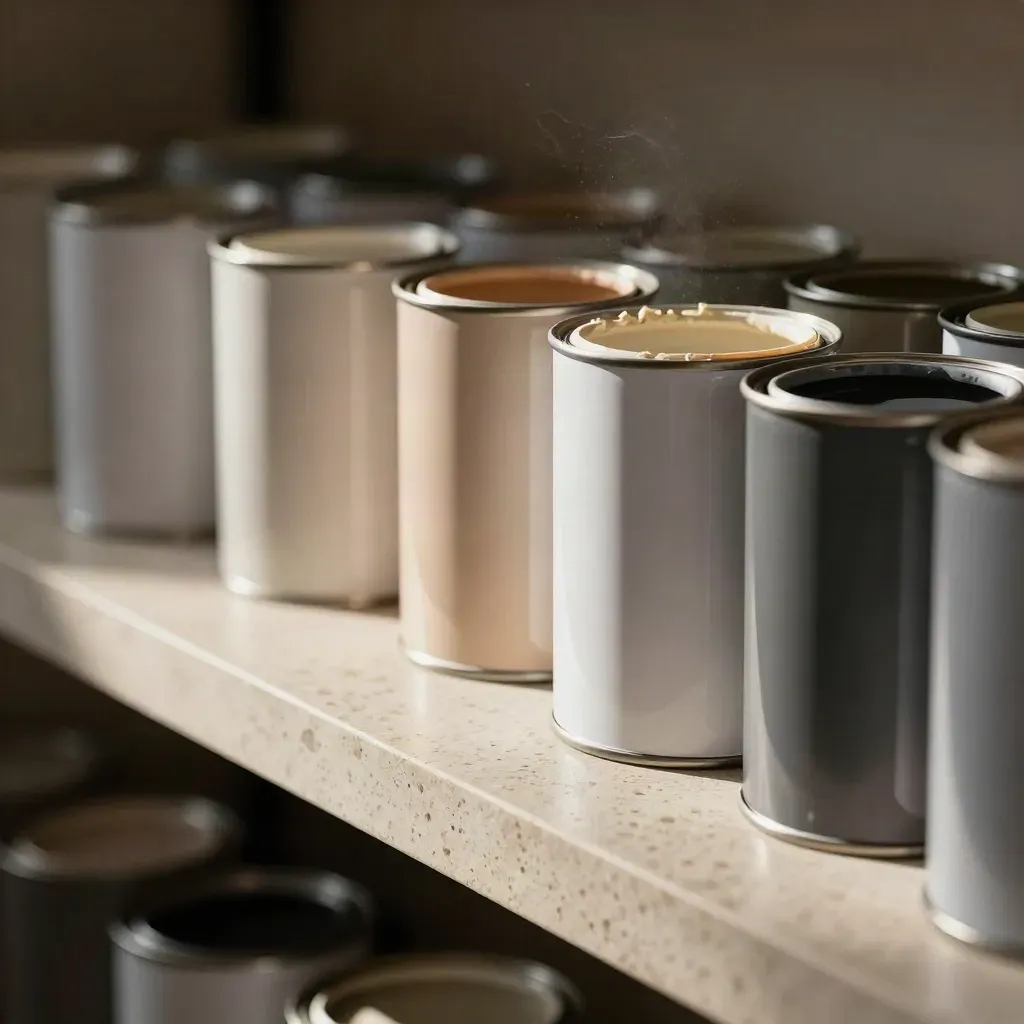 Proefblikken, open kalkverfblik en sample rooster op travertin shelf met lichtnevel