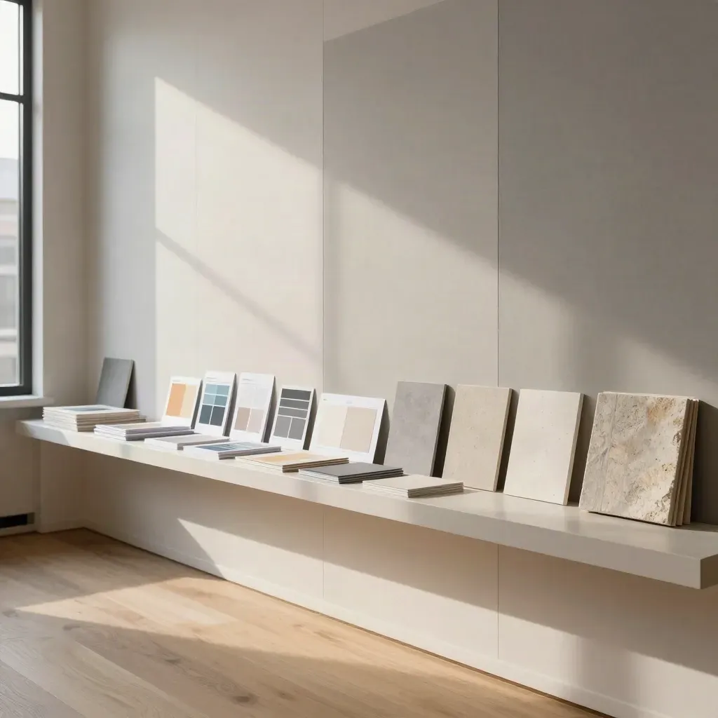 Stijlvol Utrecht studio-interieur met wandpanelen, drukwerk en sampleplank in warm wit en hout.