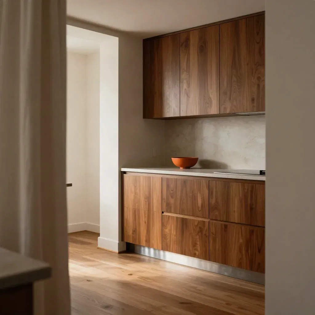 Keukenhoek met gebeitste kastfronten, off-white wand en houten vloer in warme harmonie.