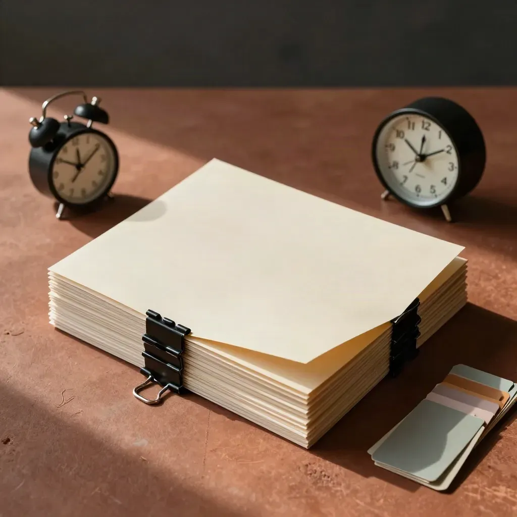 Bovenaanzicht van samplefolders met zwarte binderclips, klokje en tabbladen op terracotta oppervlak.