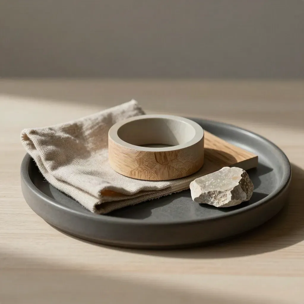 Bovenaanzicht van materiaalstalen op een matte tray met linnen, eiken en steenfragment.