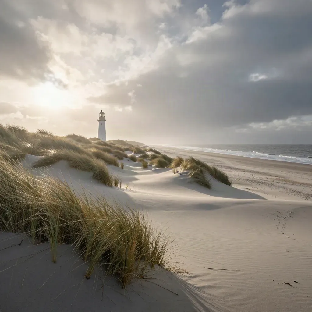 Duinlandschap in Noord-Holland met witte vuurtoren, mist en lage zon boven zee