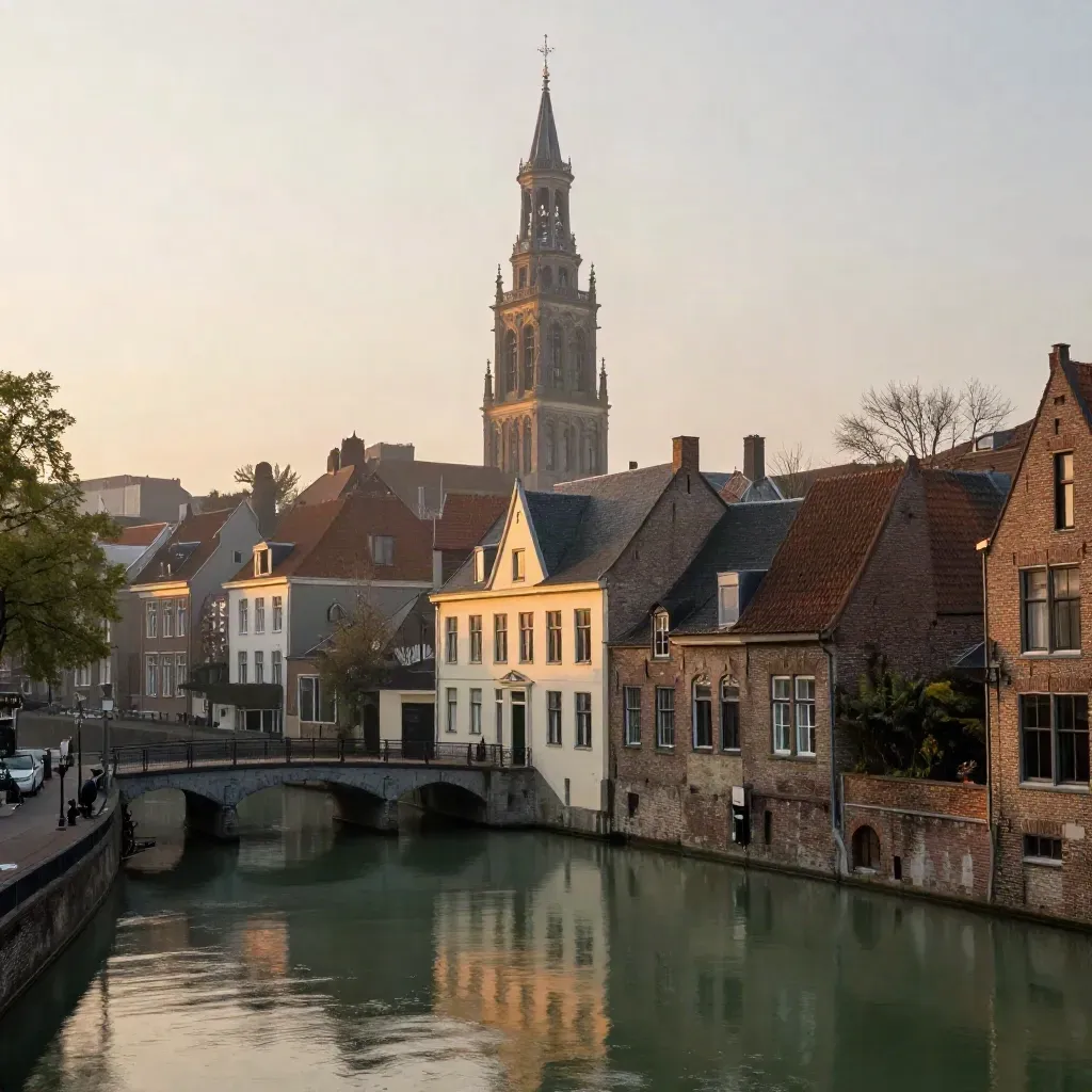 Domtoren boven stille Utrechtse grachten in avondlicht met zachte nevel