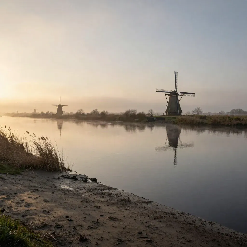 Zonnige polderrand met molens, mist boven water en lage kades in Zuid-Holland.