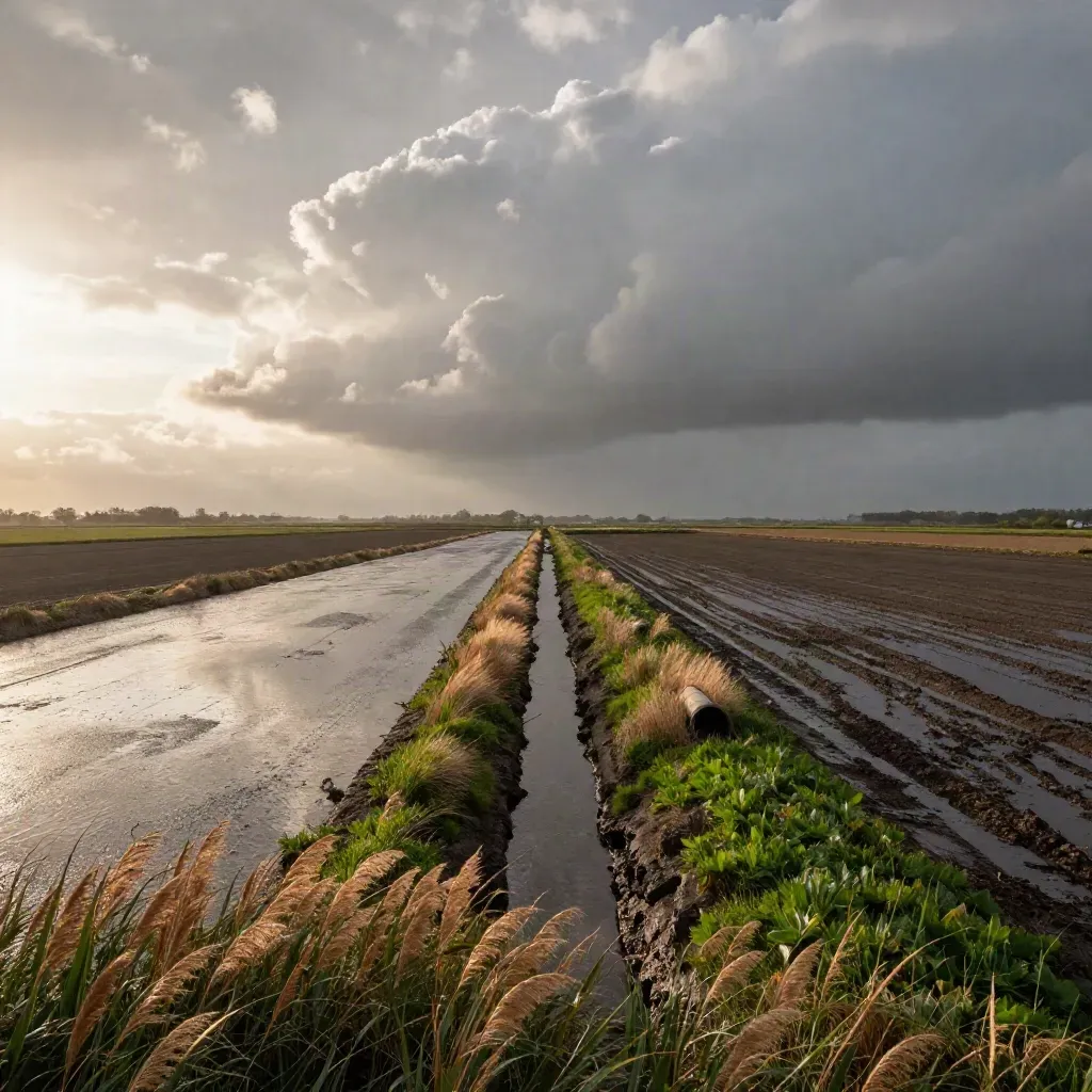 Luchtfoto van de polder met sloten, riet en een hoge wolkenlucht na regen.