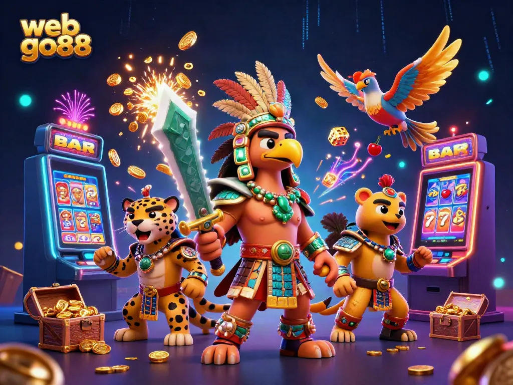 Win at web go88 with an epic 3D scene showcasing Aztec warriors and a jackpot explosion!