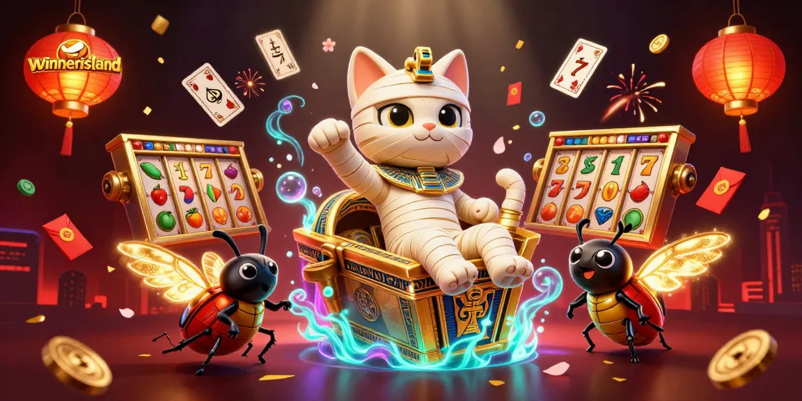 Engage in thrilling moments at winnerisland with a lively casino scene featuring a mummy cat and rich game elements.
