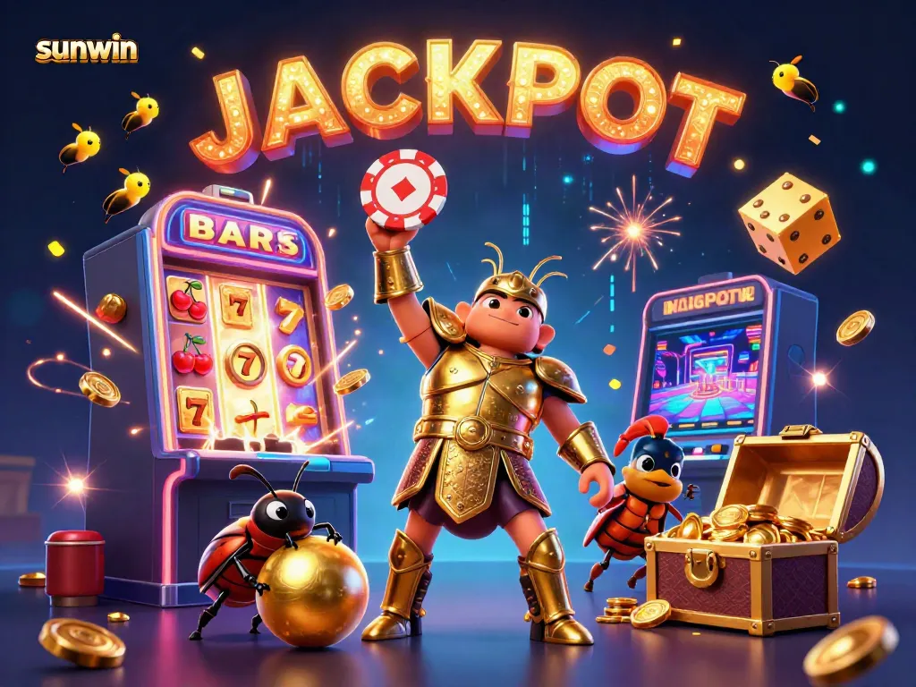 Win big with sunwin as a victorious beetle lifts a poker chip in a vibrant casino scene.