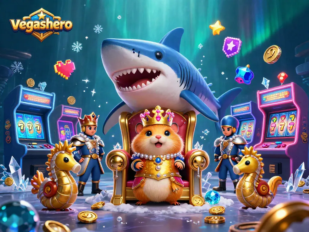 Play exciting games at vegashero with a fierce hamster king surrounded by dazzling casino elements.
