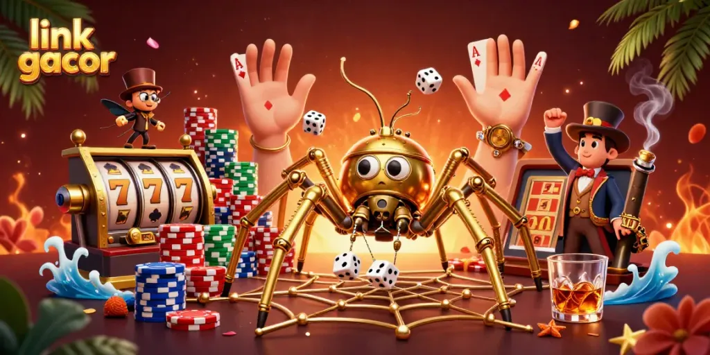 Experience the thrill of winning with link gacor in an engaging 3D casino illustration featuring slot reels and poker elements.
