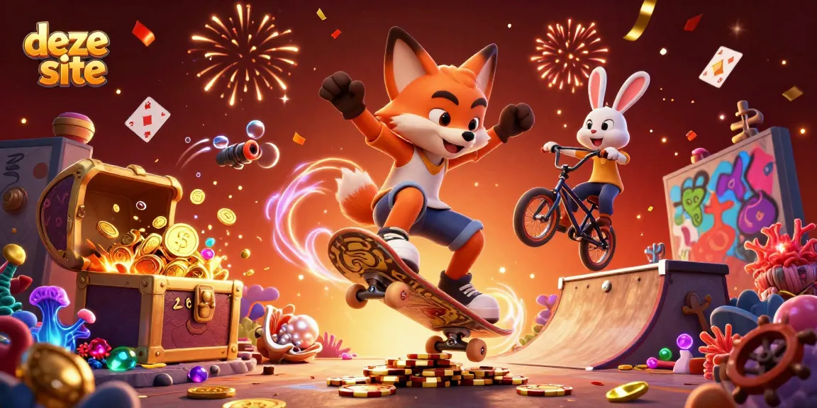 Experience the thrill at deze site with a skateboarder fox, rabbit, and casino elements in a vibrant scene.