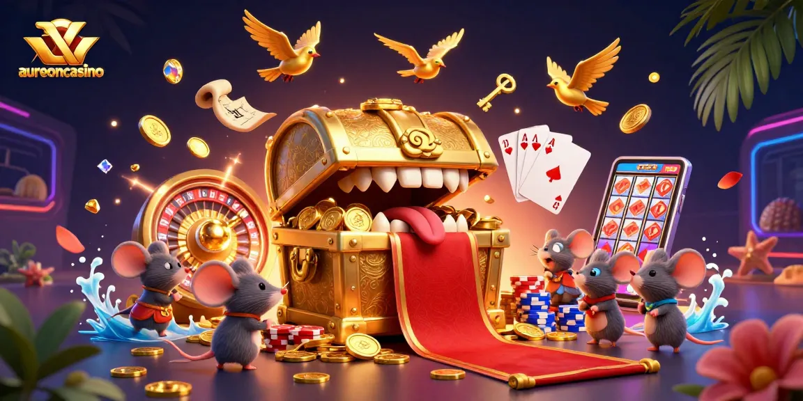 Aureoncasino captivates with a vibrant illustration of a treasure chest enticing adventurer mice with riches.